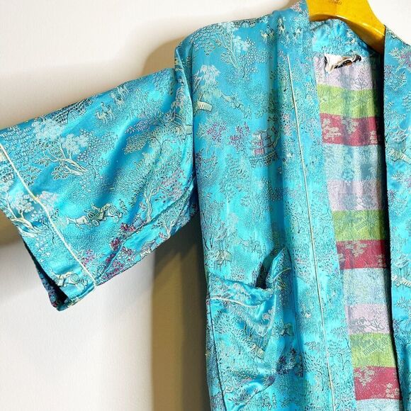 Peony Brand Girls Kimono Size 14 Turquoise Blue Asian Brocade Robe Embroidered - Picture 5 of 6